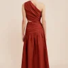 JOSLIN ONE SHOULDER DRESS - MERLOT